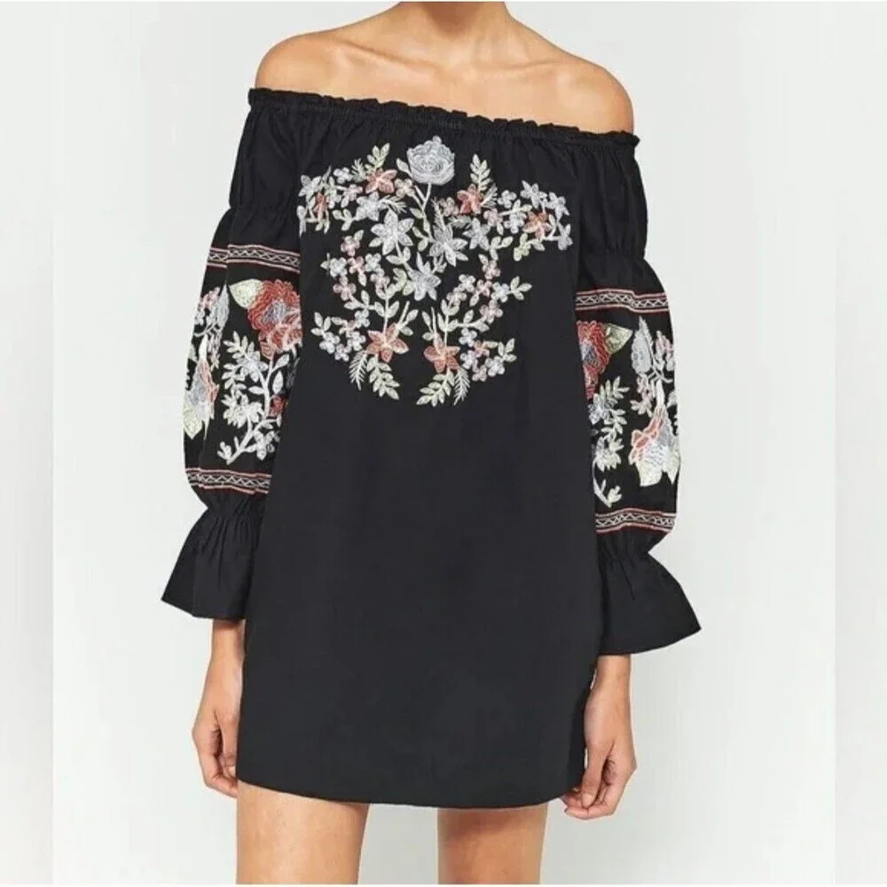 Free People Fleur Du Jour Mini Dress XS Black Floral Embroidered Off Shoulder